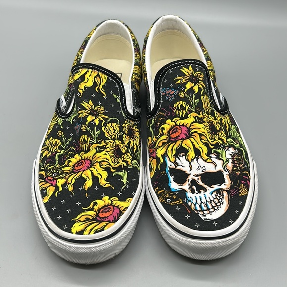Women Vans Slip On Beauty Skull Skate Shoe Size 8.5 Sunflower Skull - Picture 2 of 9
